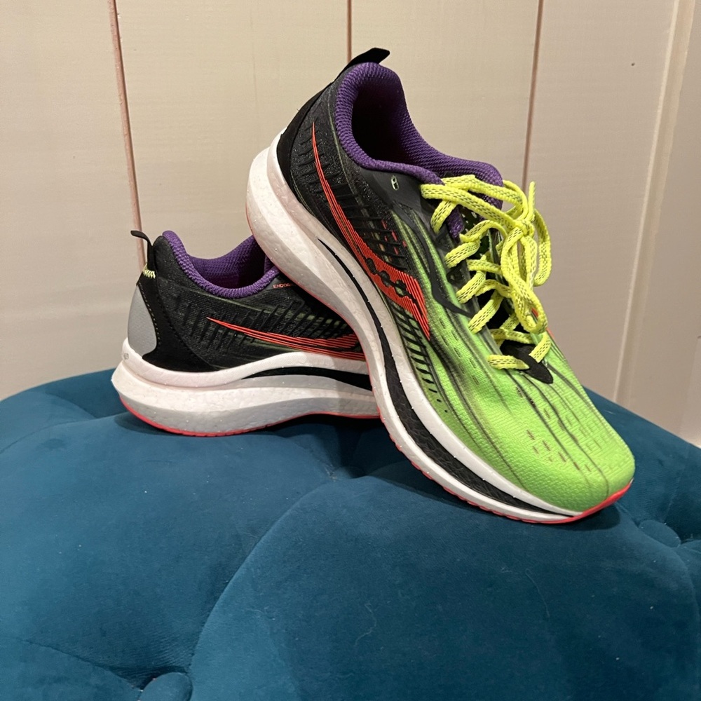 Saucony Endorphin Speed 2; less than 25 mi. A runner’s favorite workout shoe.